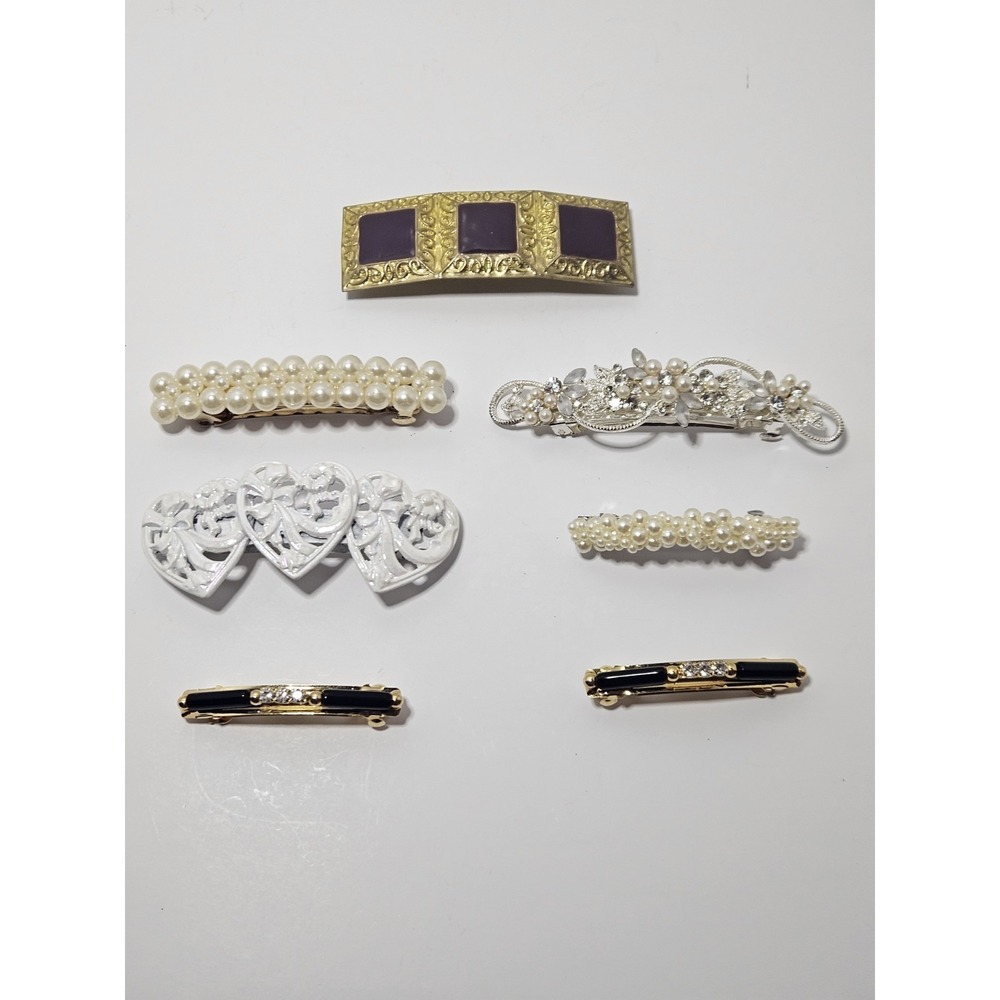 Vintage Hair Barrettes Clips Lot 7pc Faux Pearl Rhinestone Gold Silver Enamel